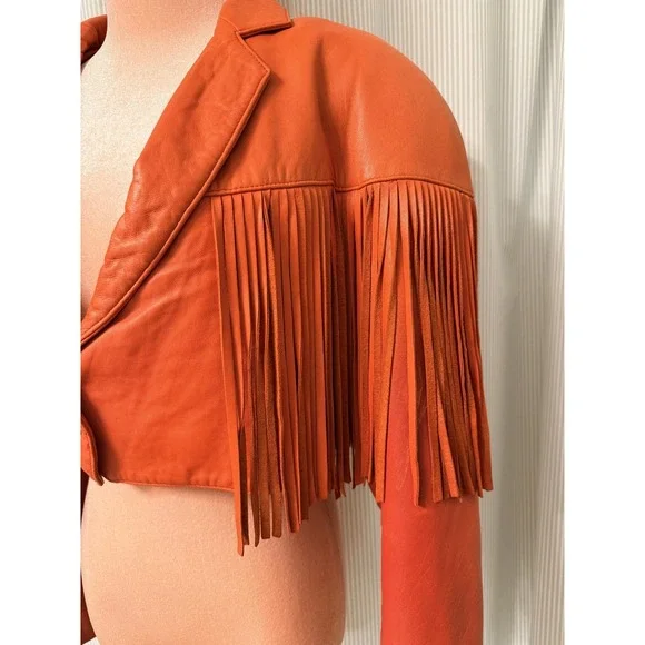 VTG North Beach Leather Women's Size Small 5/6 Cropped Red Fringe Leather Jacket - Picture 6 of 14